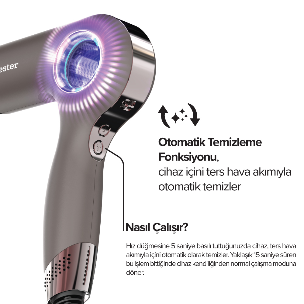 Otomatik temizleme fonksiyonlu, mor LED aydınlatmalı gri saç kurutma makinesi.