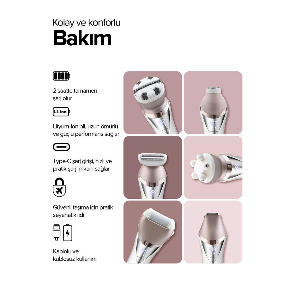 Çoklu başlıkları ve USB-C dahil şarj seçenekleri olan bir bakım cihazı.