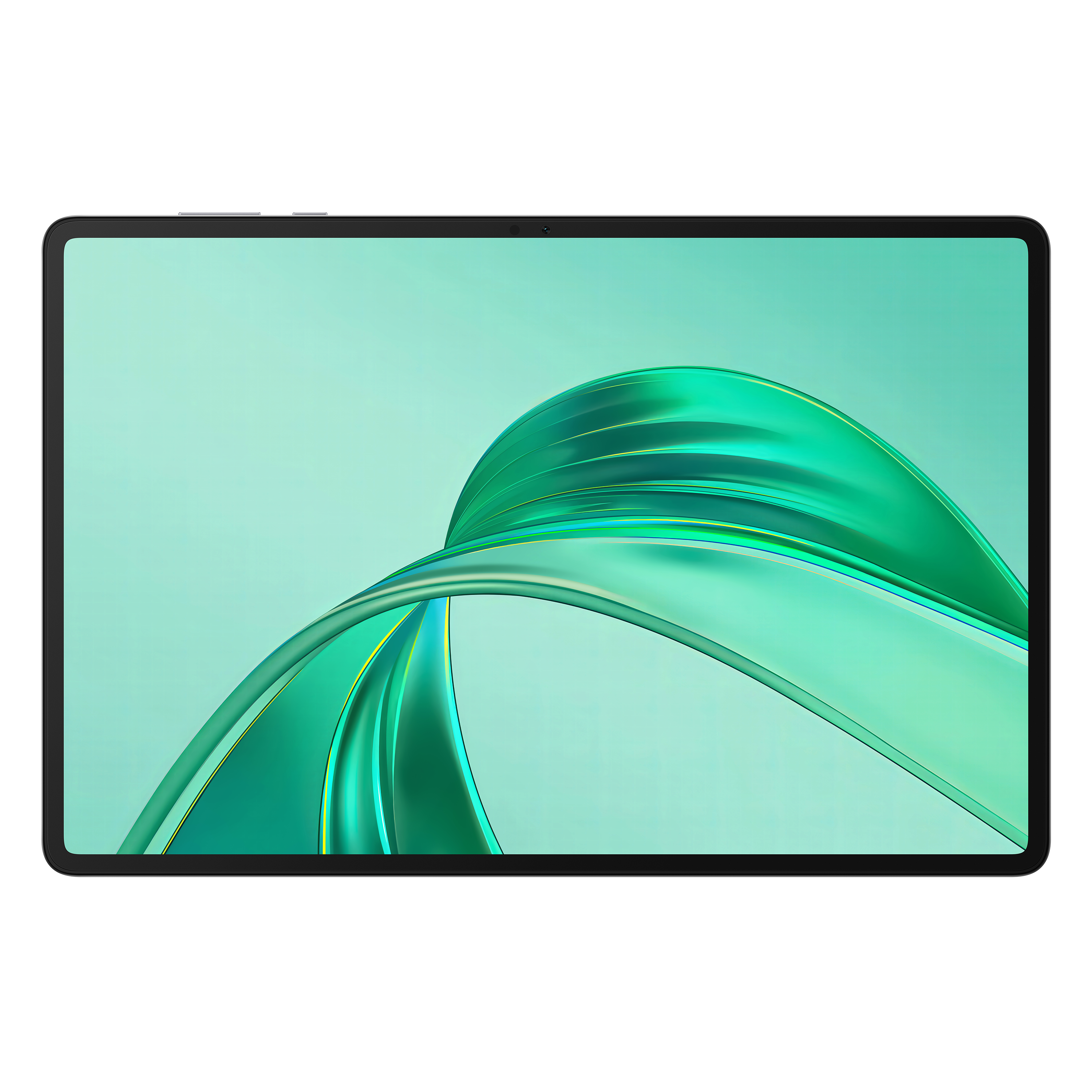 Borde plateado de tableta con fondo verde azulado y una onda verde abstracta.