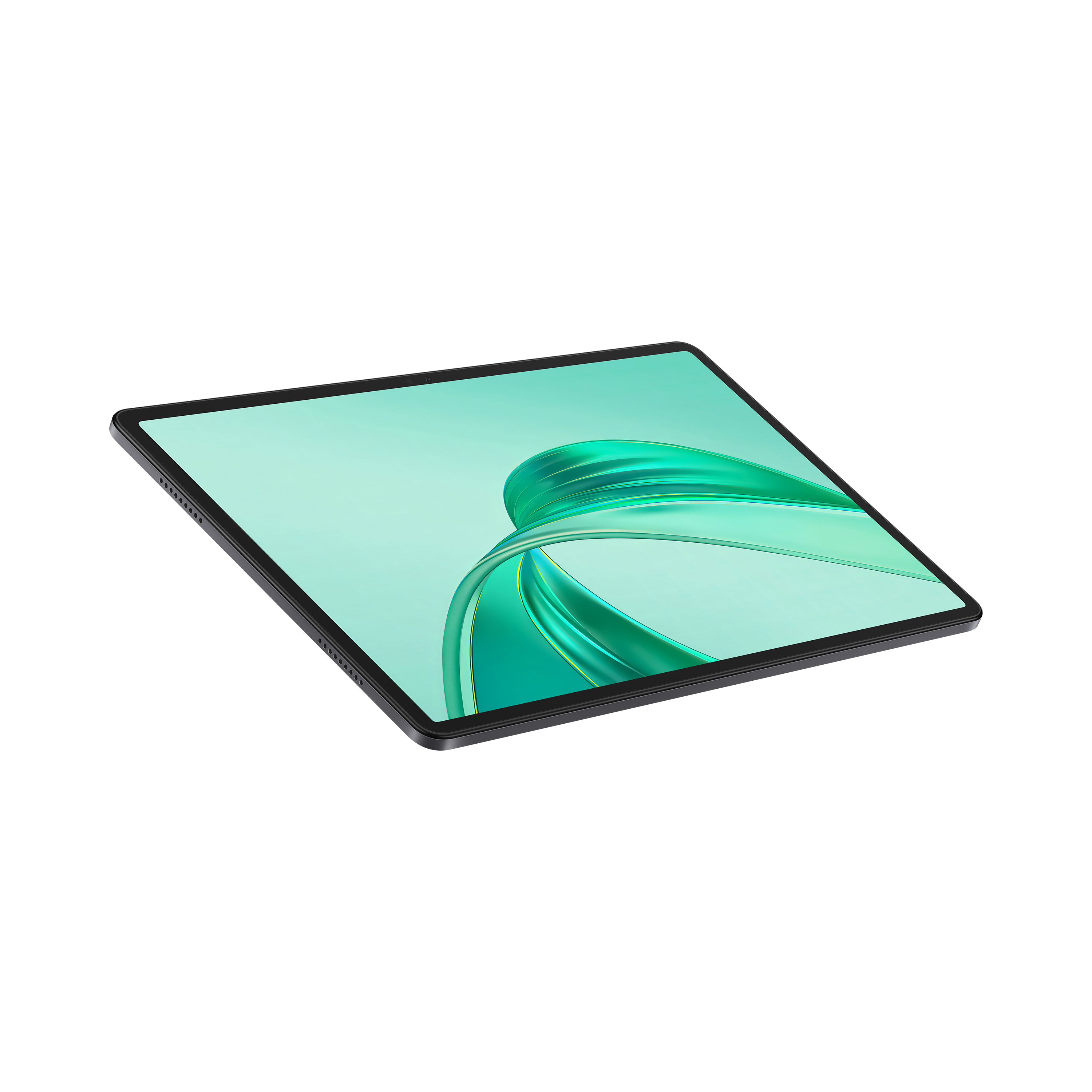 Una tablet elegante muestra un fondo turquesa con una cinta verde metálica.