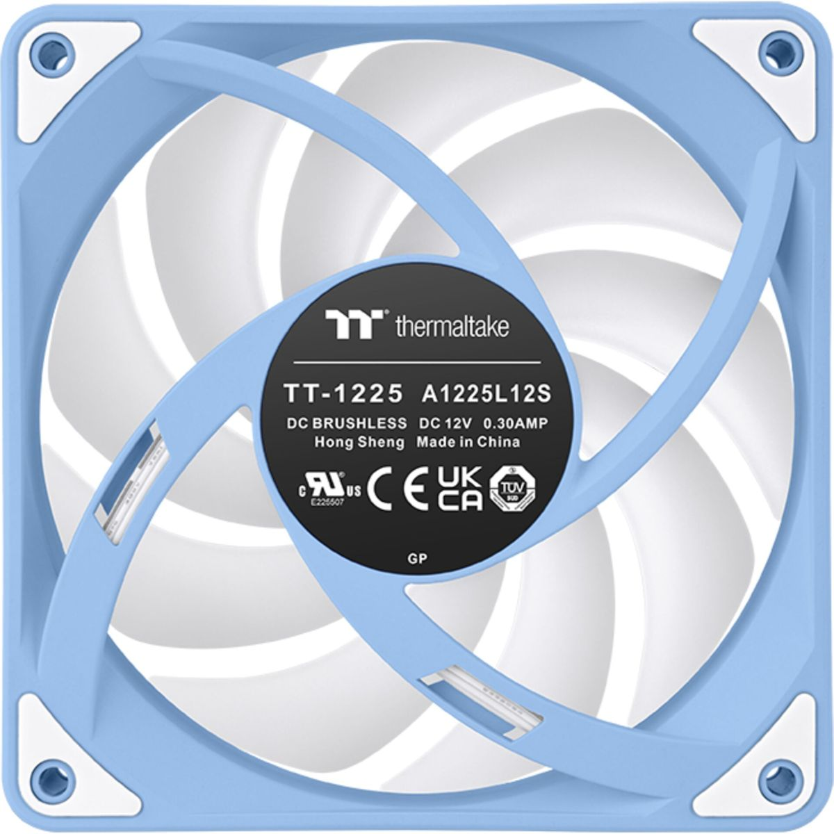 Un ventilador azul con aspas blancas y etiqueta negra. Modelo TT-1225.