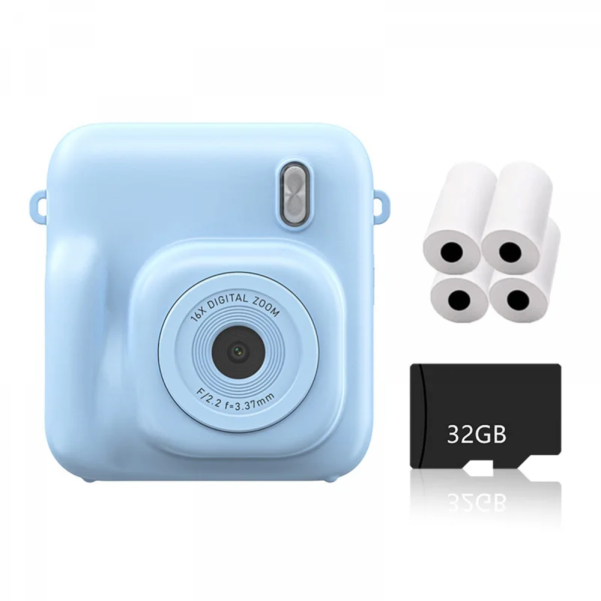 Eine hellblaue Digitalkamera mit Druckpapierrollen und einer 32-GB-SD-Karte.