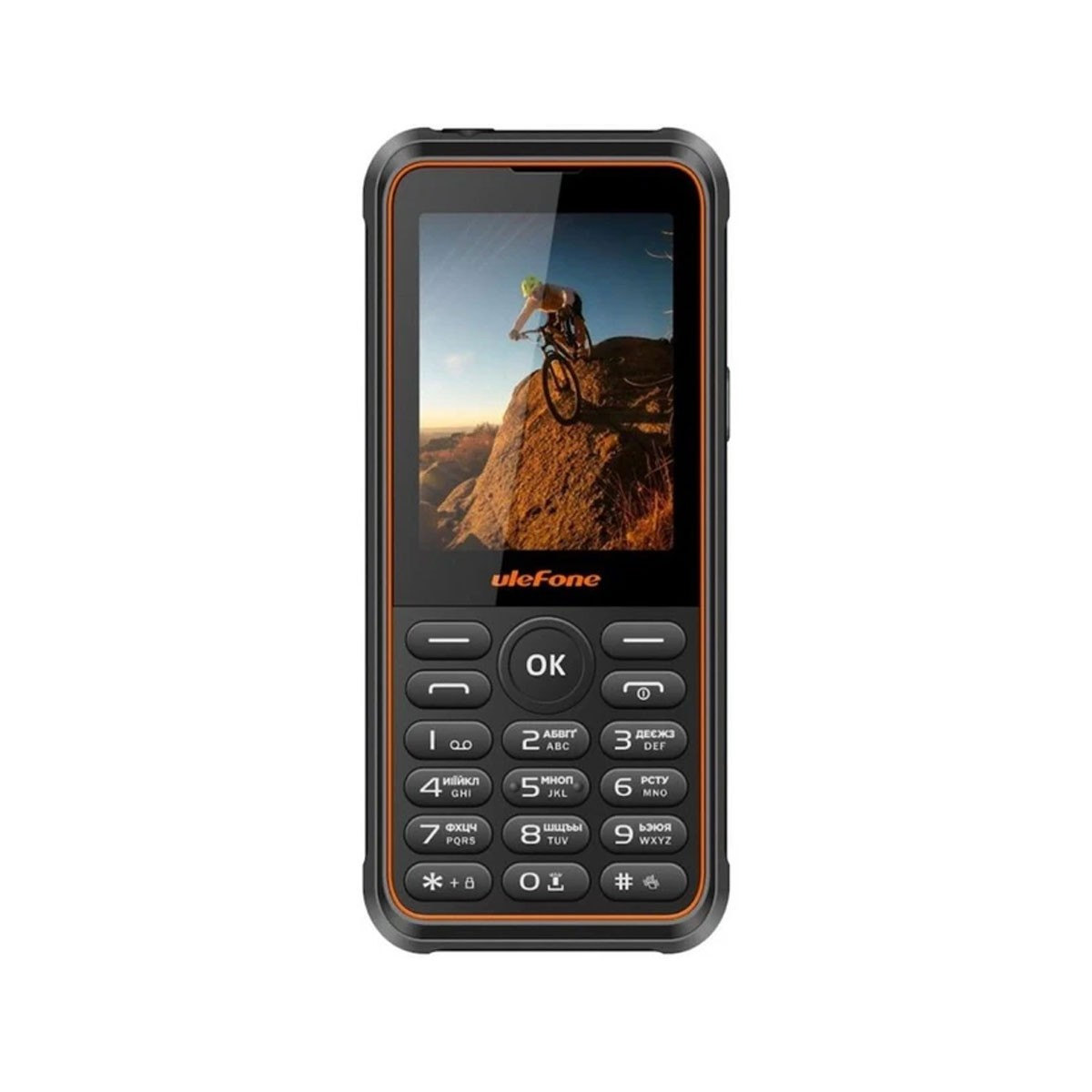 Un teléfono Ulefone resistente con un ciclista de montaña en pantalla.