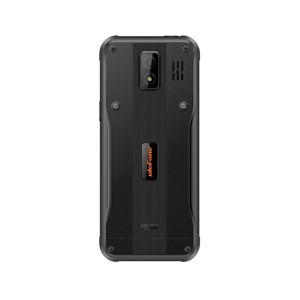 Parte trasera de un smartphone negro resistente con doble lente de cámara y logo Ulefone.