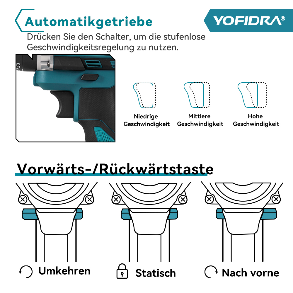 Bohrer-Diagramm mit 3 Geschwindigkeitsstufen und Schalter für vorwärts/rückwärts/statisch.
