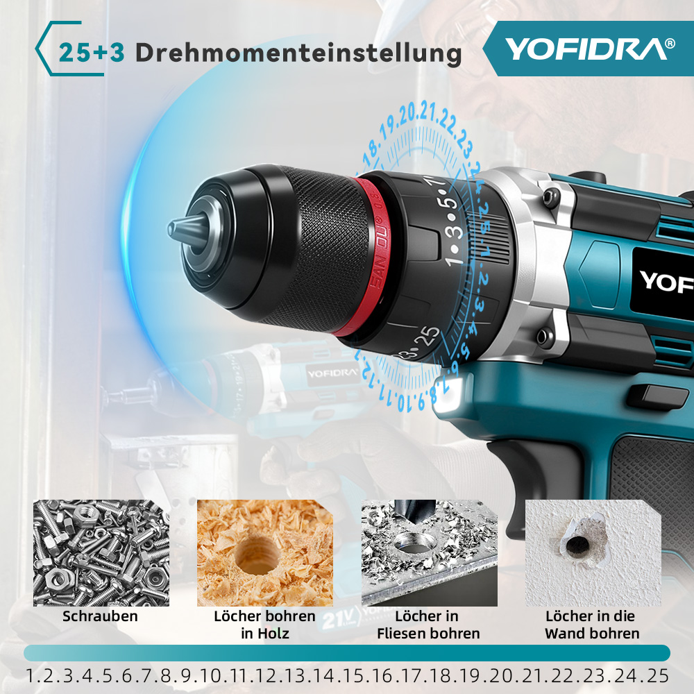 Bohrmaschine mit Drehmomenteinstellung, Schrauben, Holz-, Fliesen- und Wandbohrungen.