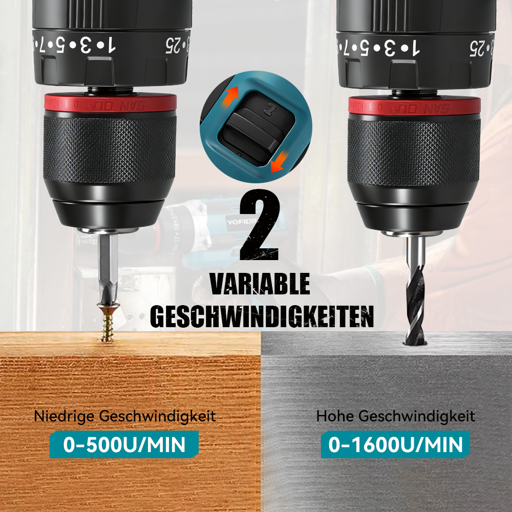 Bohrmaschinen-Vorderansicht mit zwei Geschwindigkeitsstufen, niedrig und hoch.