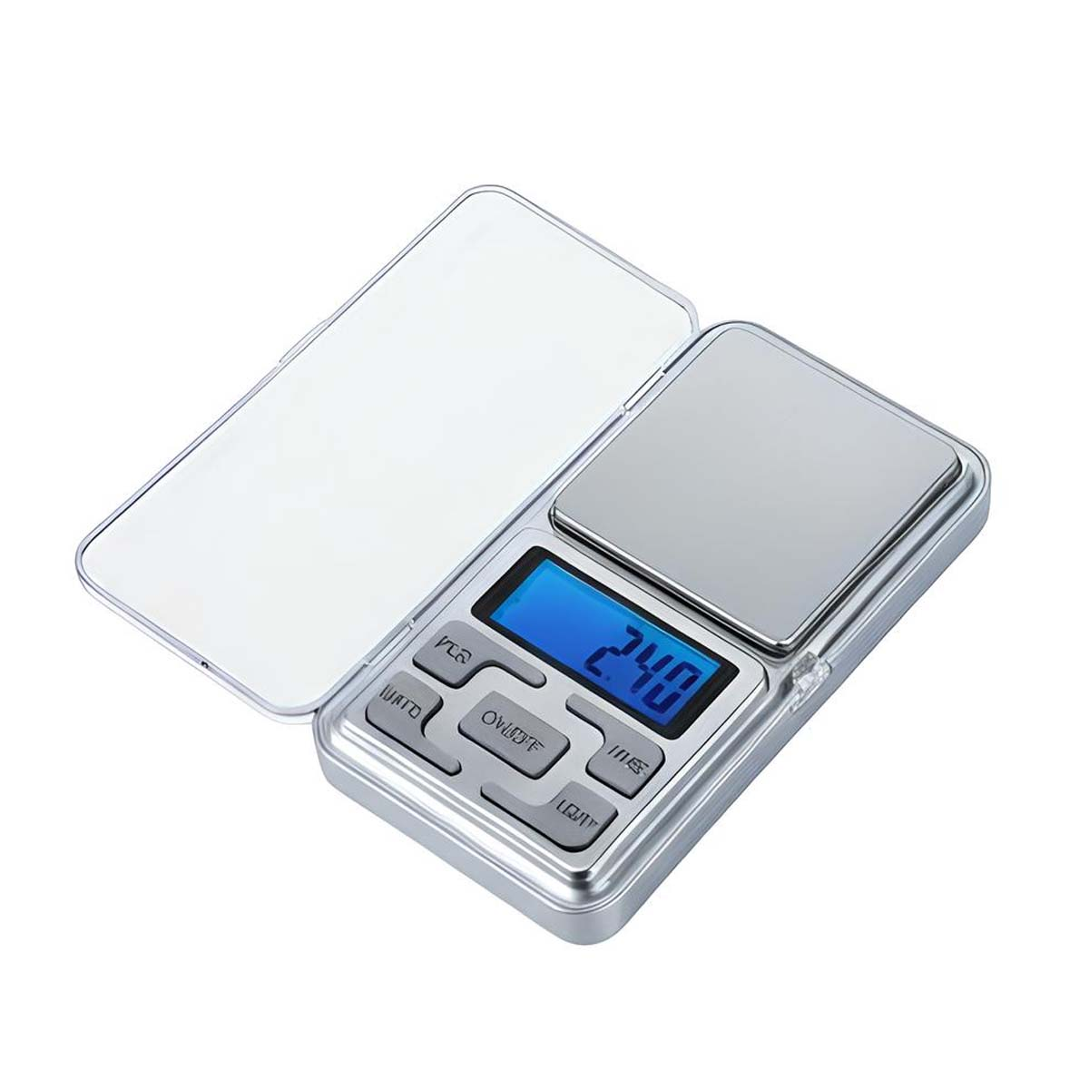 Eine silberne Digitalwaage mit blauem Bildschirm, zeigt 2,40, Deckel offen.