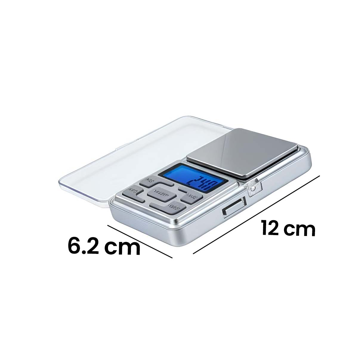 Kompakte digitale Waage mit silbernem Gehäuse, blauer LCD-Anzeige und Maßen.