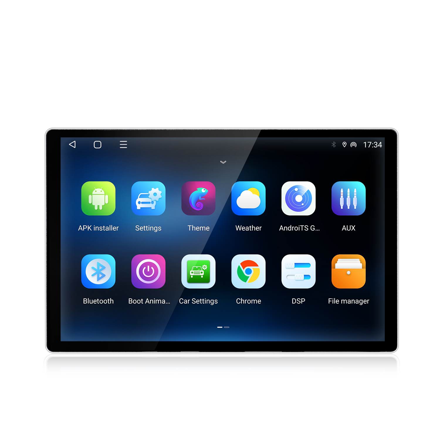 Una tablet con aplicaciones de Android: Instalador APK, Ajustes, Tema, Clima, AUX.