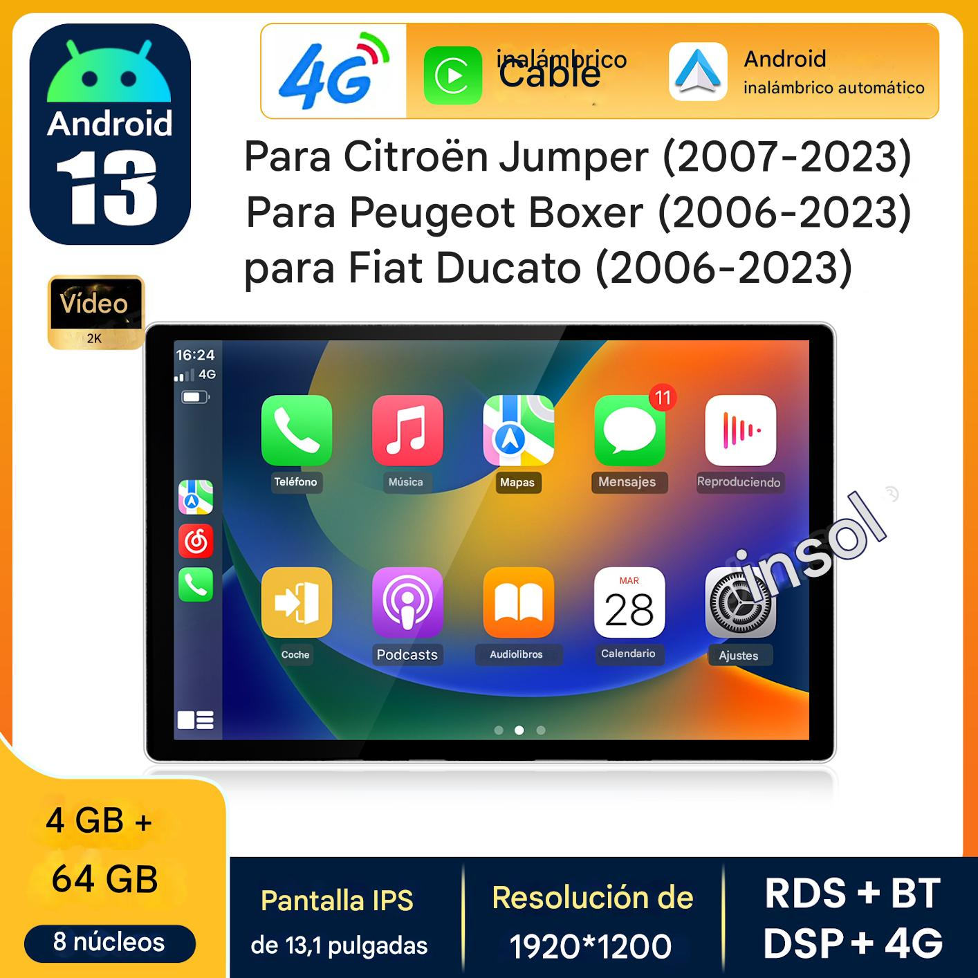 Radio coche Android 13 con pantalla IPS de 13.1 pulgadas para Citroën, Peugeot, Fiat.