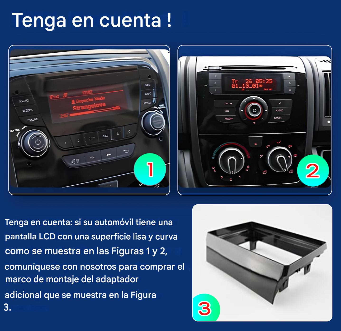 Tres imágenes muestran pantallas de radio de coche y un marco negro.