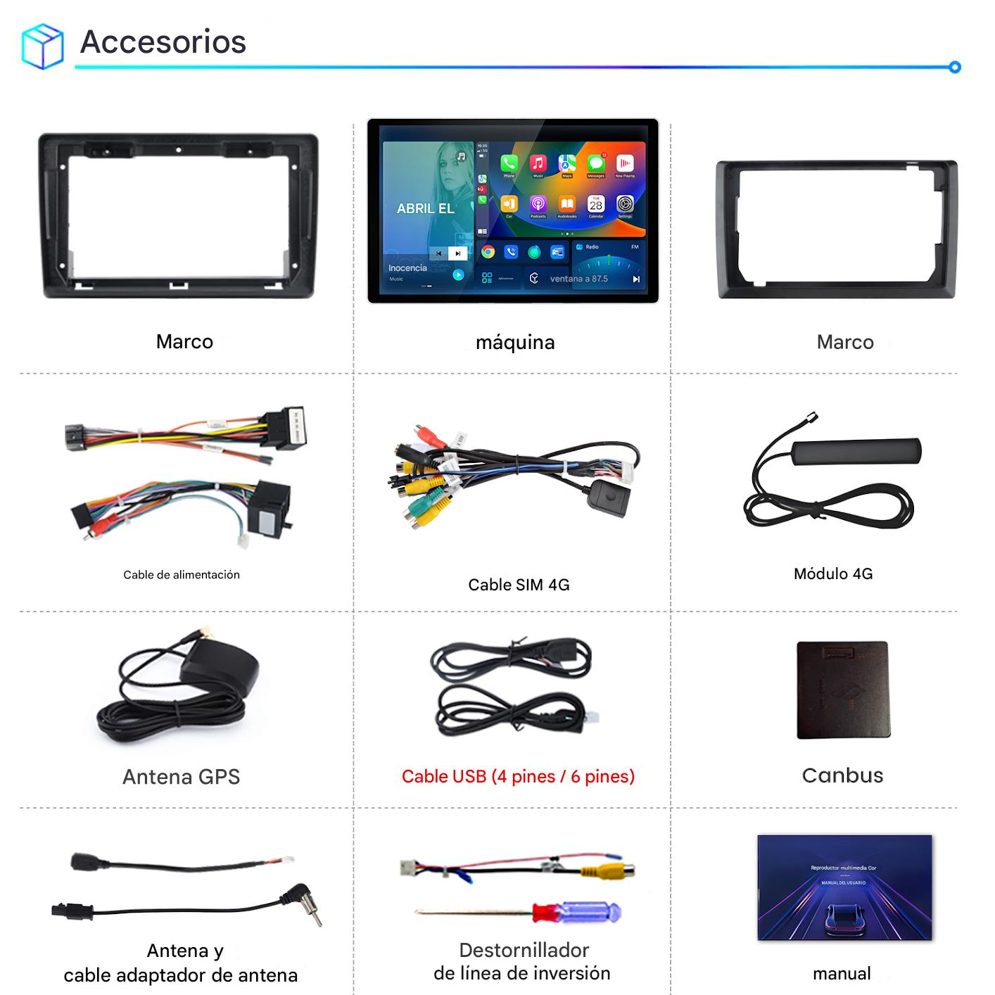 La imagen muestra accesorios de coche: marco, pantalla, cables, antenas, Canbus, destornillador y manual.
