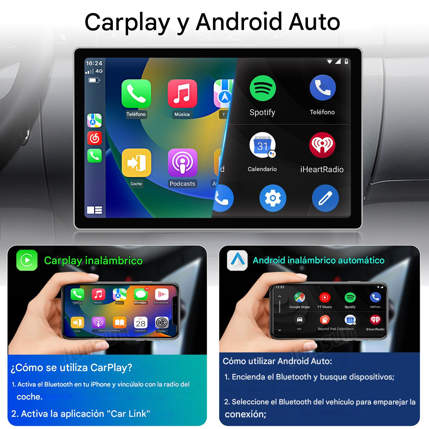 Pantalla muestra apps de CarPlay y Android Auto, con instrucciones.