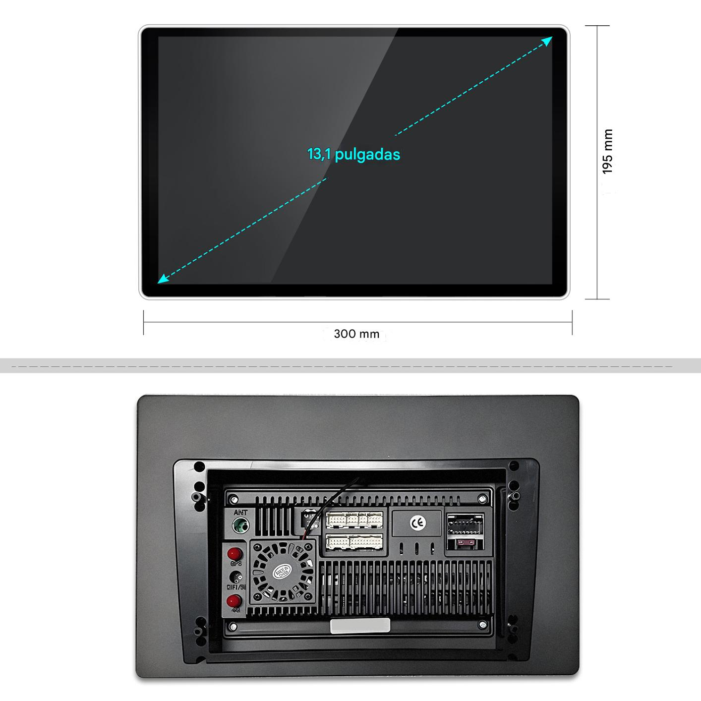 Pantalla de 13.1 pulgadas (300x195mm) y parte trasera con conexiones.