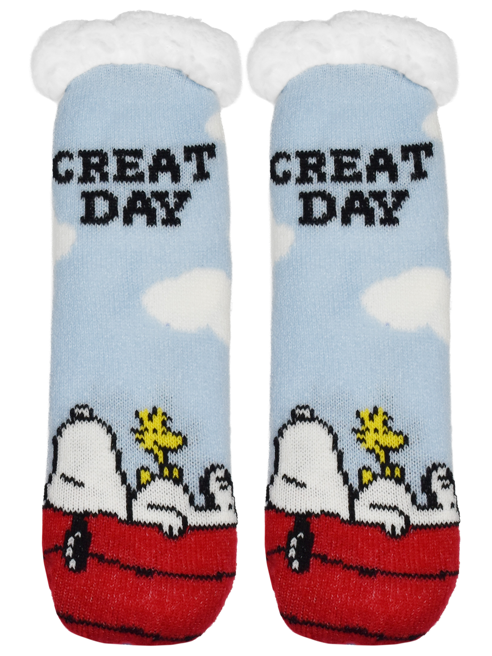 Socken mit Snoopy und Woodstock auf blauem Himmel mit Wolken. Weißer Rand.