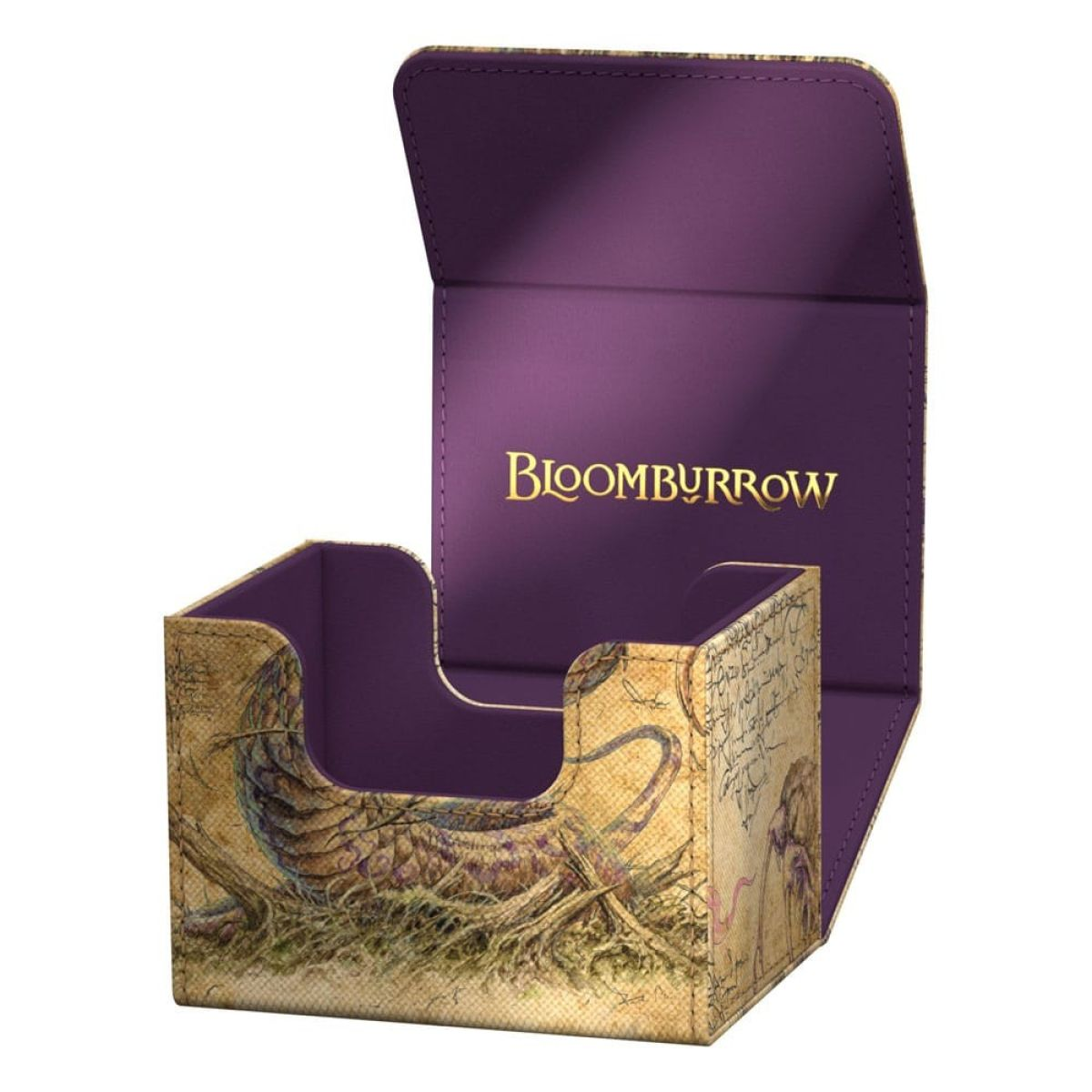 Lila Deckbox mit antiker Karte und Schriftzug BLOOMBURROW.