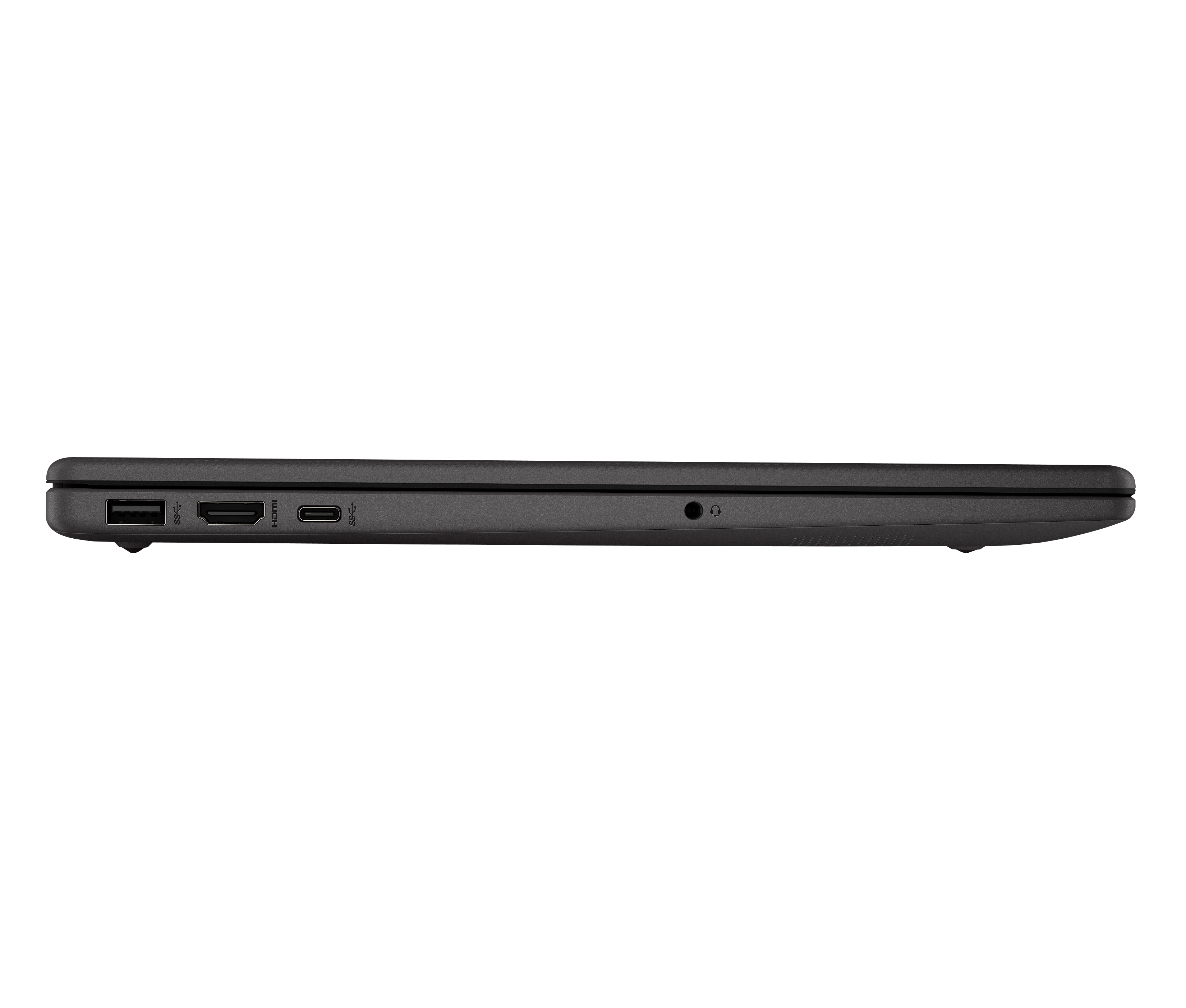 Koyu gri laptopun USB, HDMI ve USB-C bağlantı noktalarını gösteren yan görünümü.