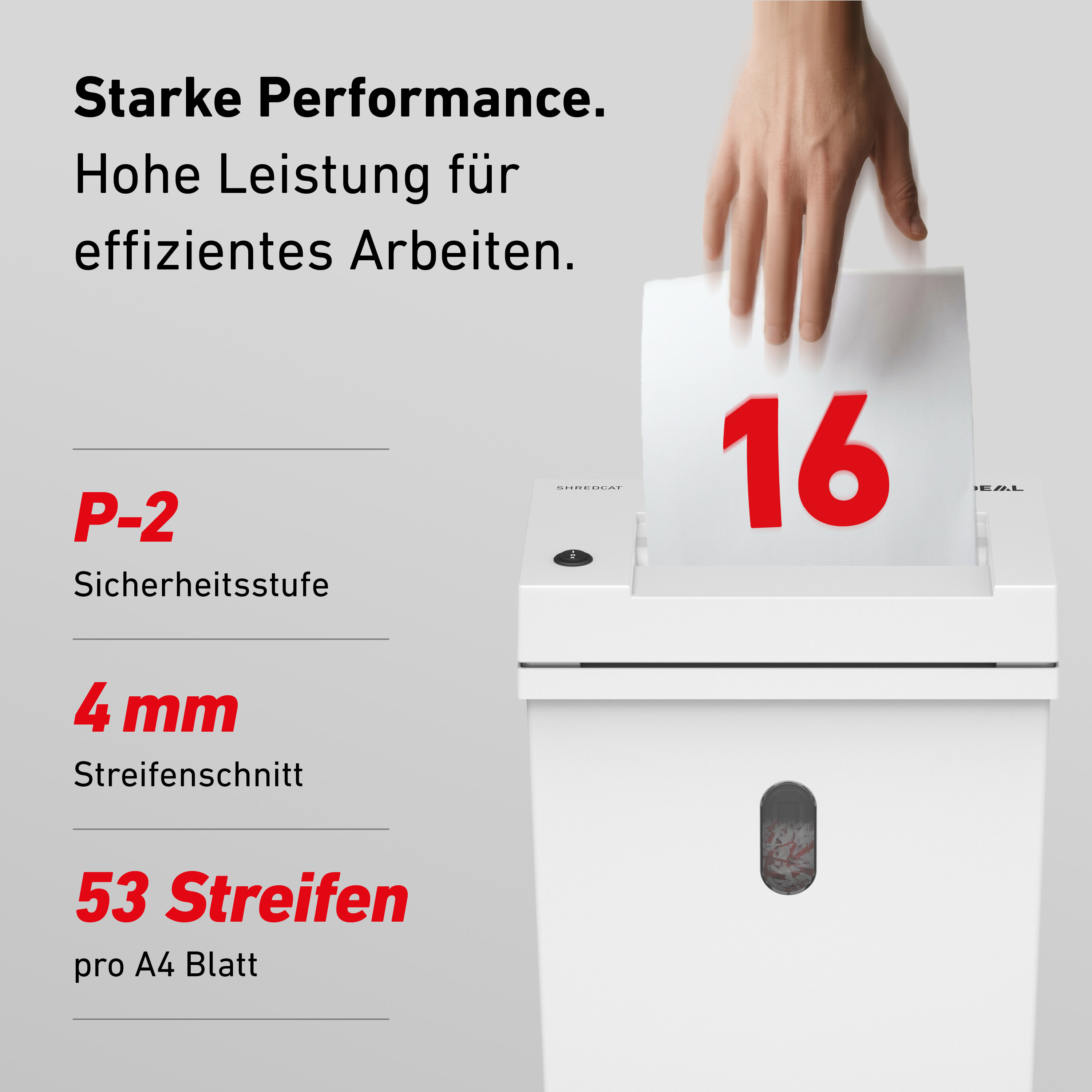 Ein weißer Aktenvernichter mit einem Blatt Papier, auf dem die Zahl 16 steht.