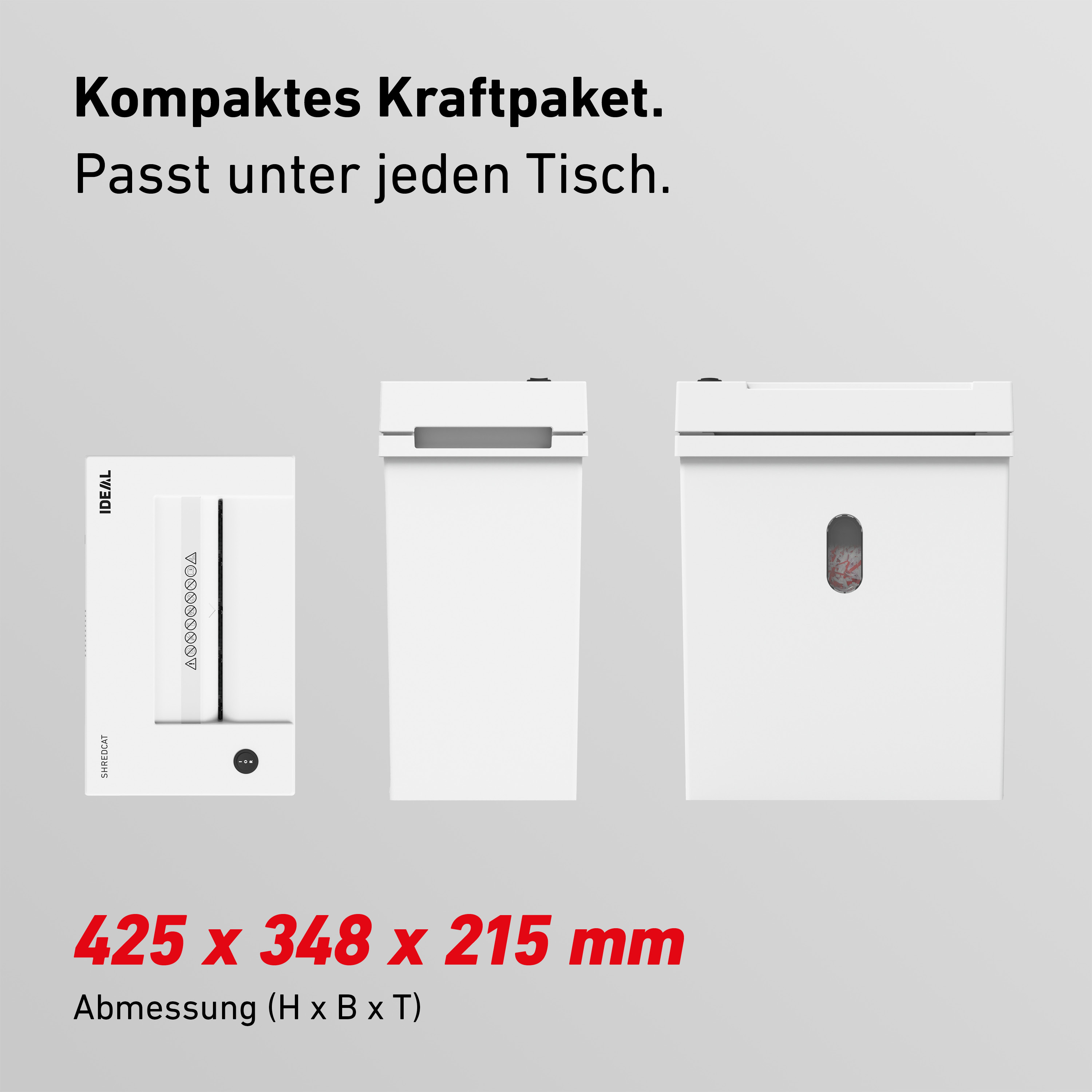 Drei weiße Aktenvernichter unterschiedlicher Größe auf grauem Hintergrund.