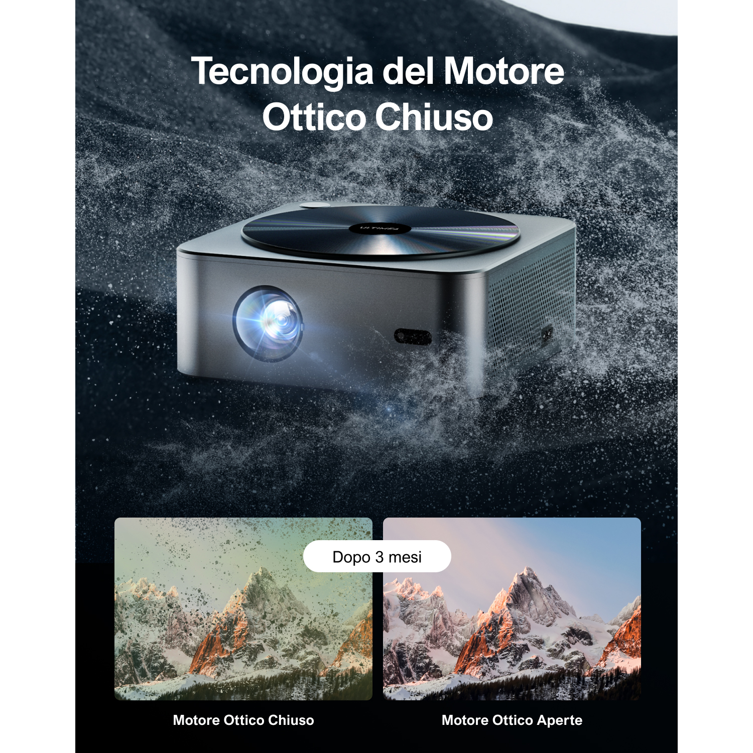 Un proiettore con lente luminosa su sfondo scuro. Due paesaggi montani sono mostrati.