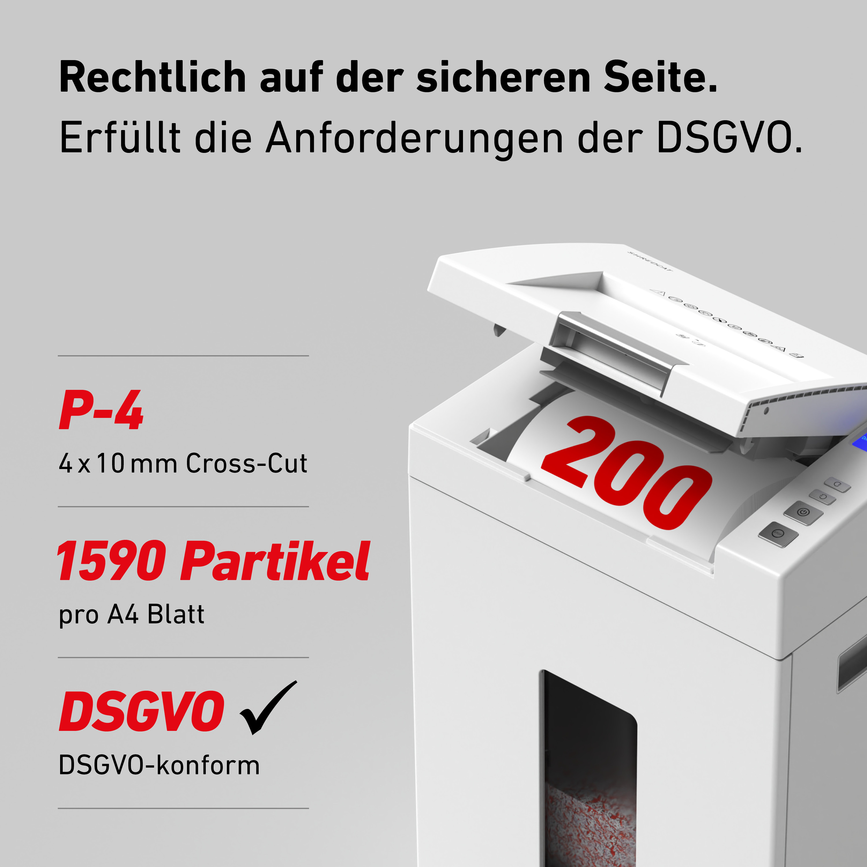 Weißer Aktenvernichter mit P-4 und DSGVO-Konformität.