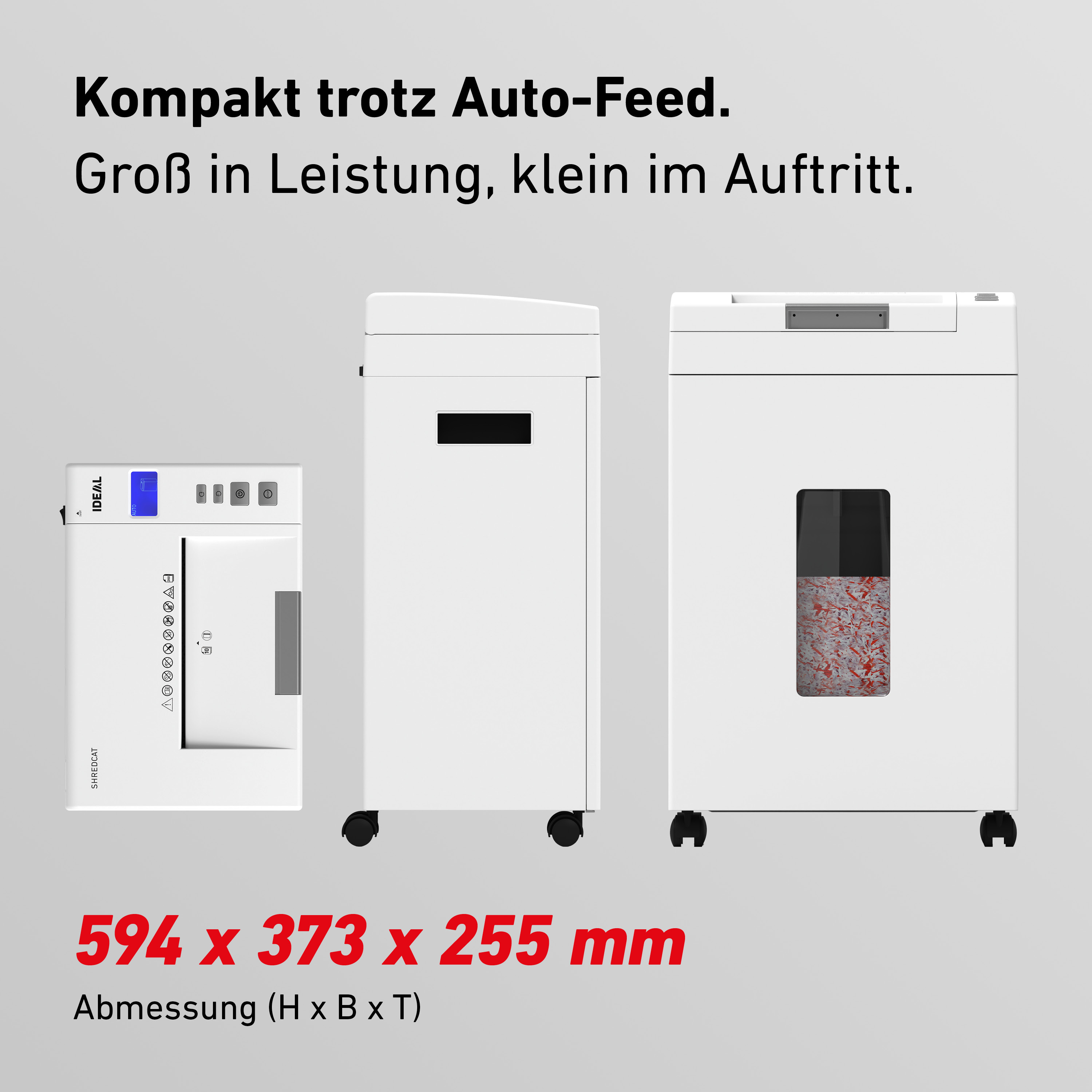 Drei weiße Aktenvernichter nebeneinander, Größenangaben.