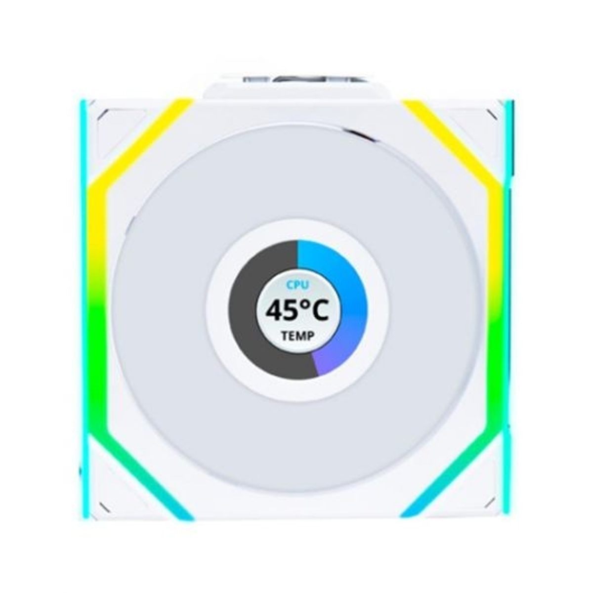 Biały wentylator CPU z oświetleniem RGB pokazuje 45°C.