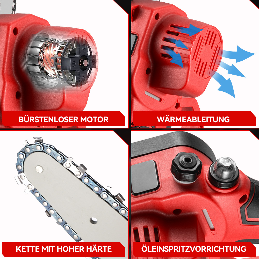 Details einer roten Kettensäge: Motor, Kühlung, Kette und Öler.