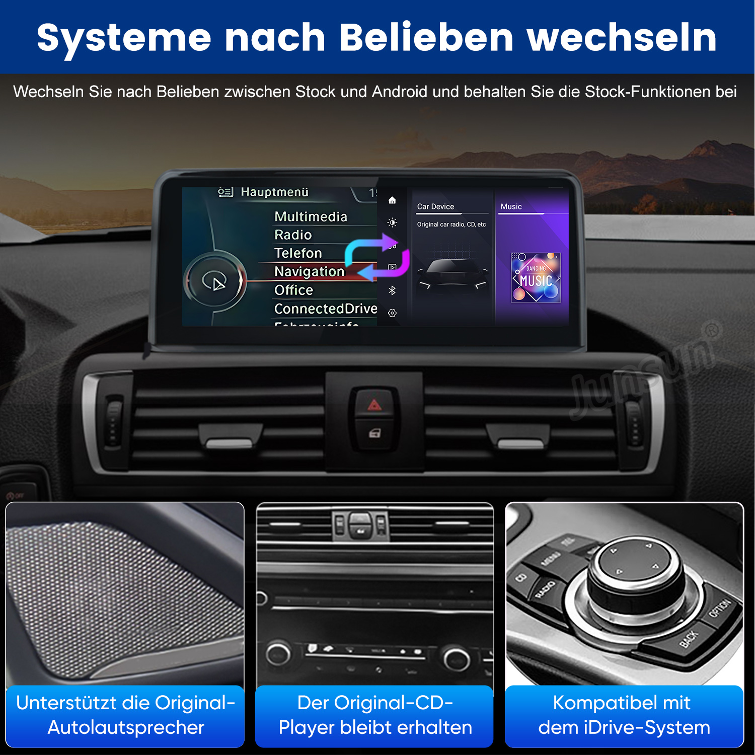Autobildschirm zeigt Hauptmenü mit Optionen wie Multimedia, Radio und Navigation.