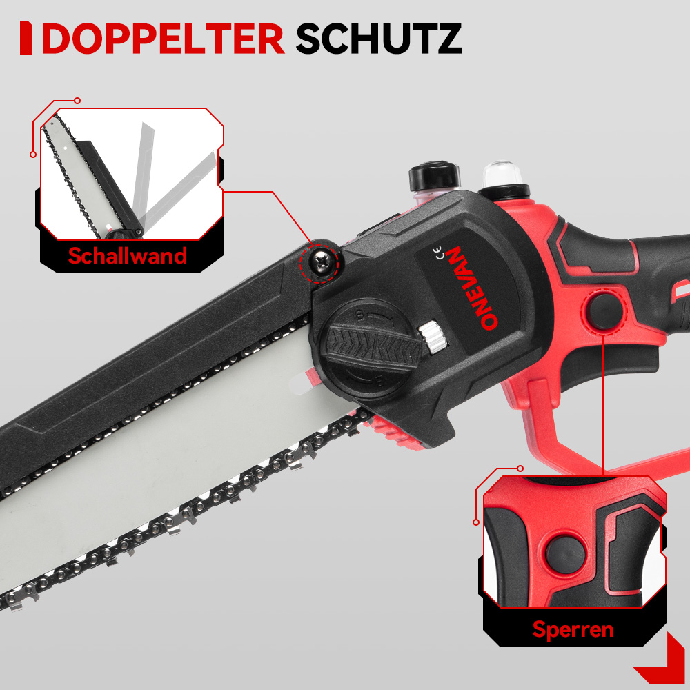 Nahaufnahme einer Kettensäge mit roten Akzenten und Beschriftungen.