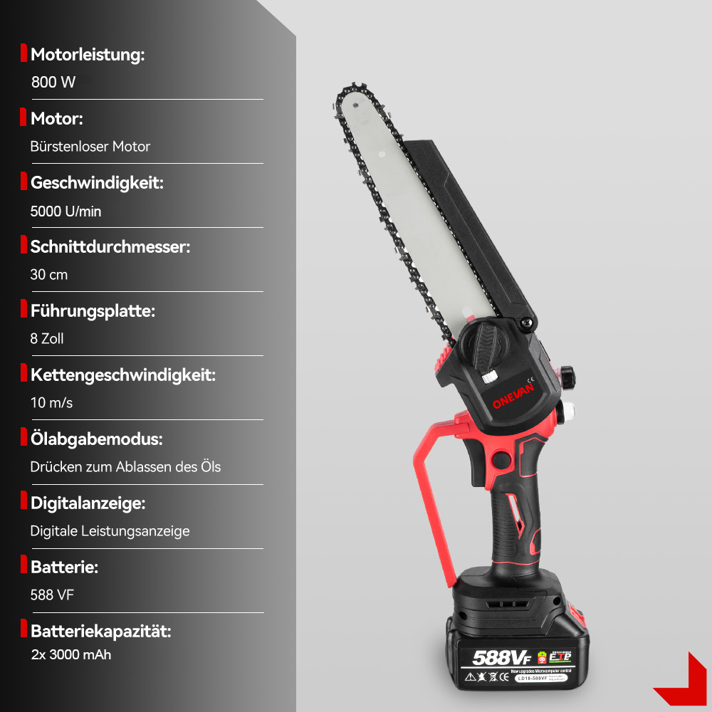 Eine schwarze und rote Akku-Kettensäge mit 800 W Leistung und 30 cm Schnittdurchmesser.