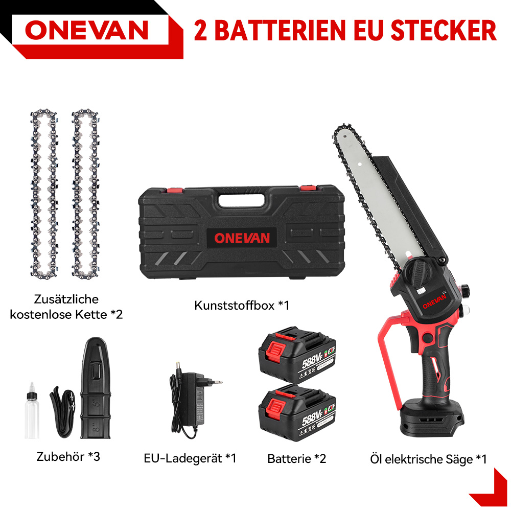 Ein Akkukettensägen-Set mit zwei Ketten, Koffer, Ladegerät, zwei Akkus und Zubehör.