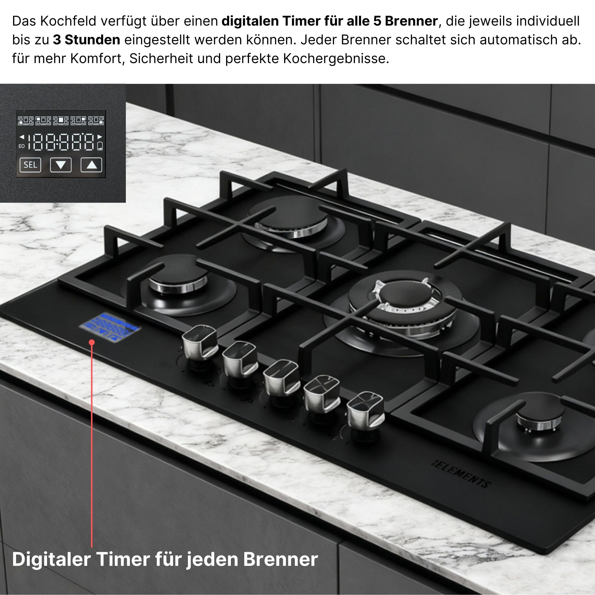 Schwarzes Gaskochfeld mit 5 Brennern und digitaler Timeranzeige.