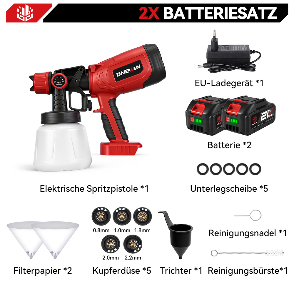 Ein roter Sprühfarben-Kit mit Zubehör: Sprühpistole, 2 Batterien, Ladegerät, Düsen, Trichter, Filter.