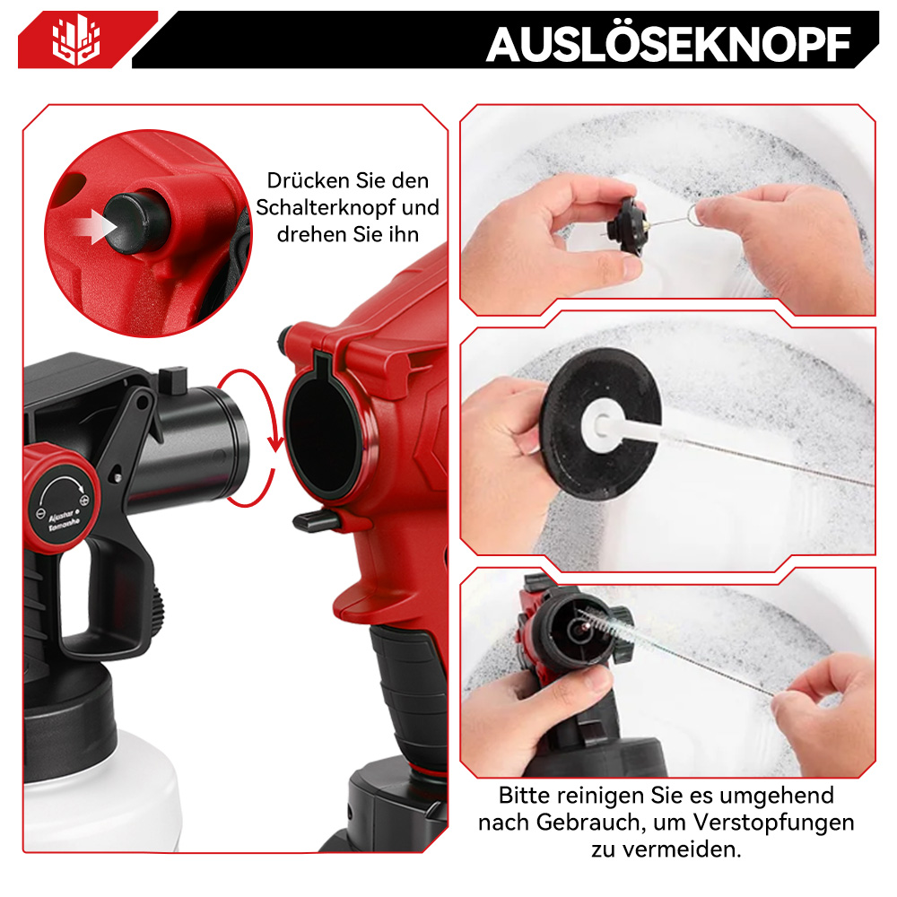Pistola pulverizadora roja con instrucciones de limpieza. Presione y gire el botón.