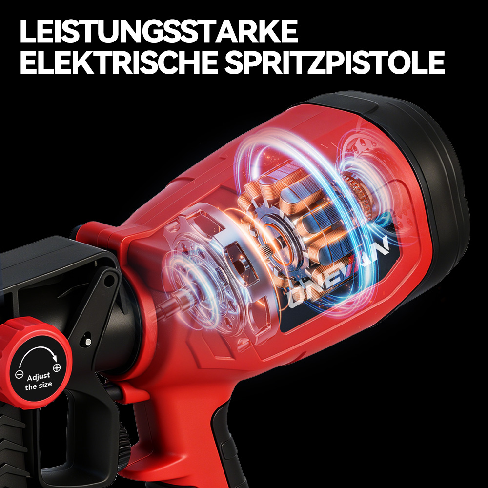 Pistola de pintura eléctrica roja con carcasa transparente que muestra el motor.