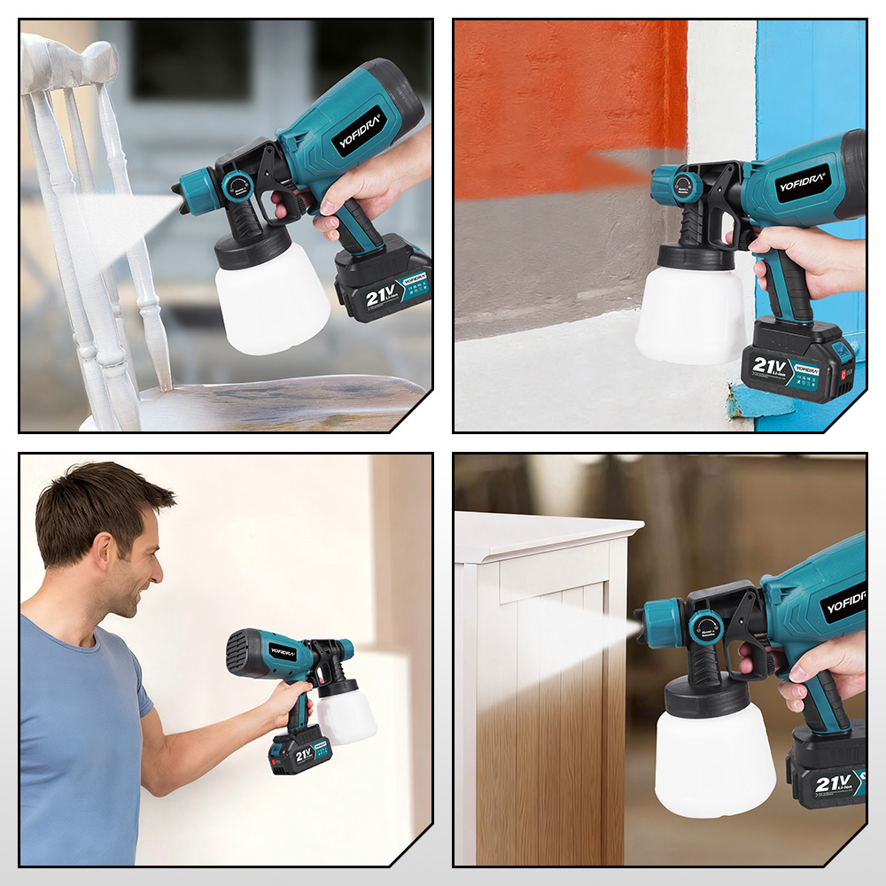 Ein Mann sprüht mit einem blauen Farbsprühgerät auf einen weißen Stuhl.
