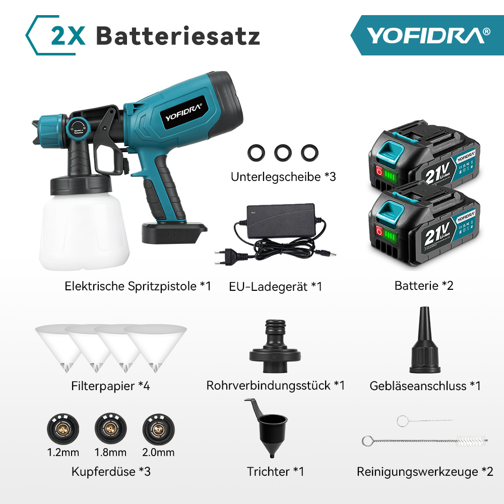 Un kit de pistola pulverizadora Yofidra con accesorios: pistola, 2 baterías, cargador, boquillas.