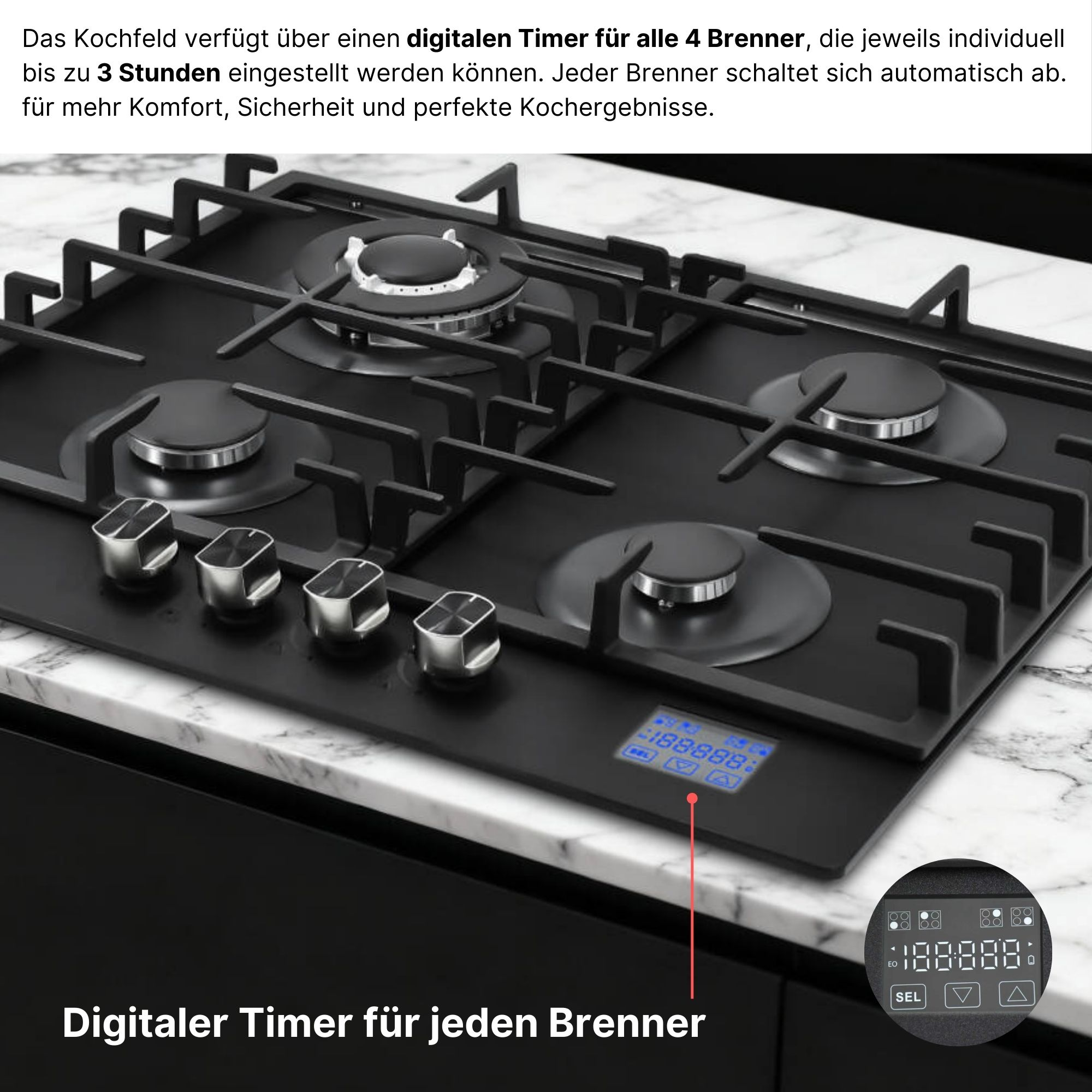Schwarzes Kochfeld mit 4 Brennern, Metallrosten und digitaler Timeranzeige.