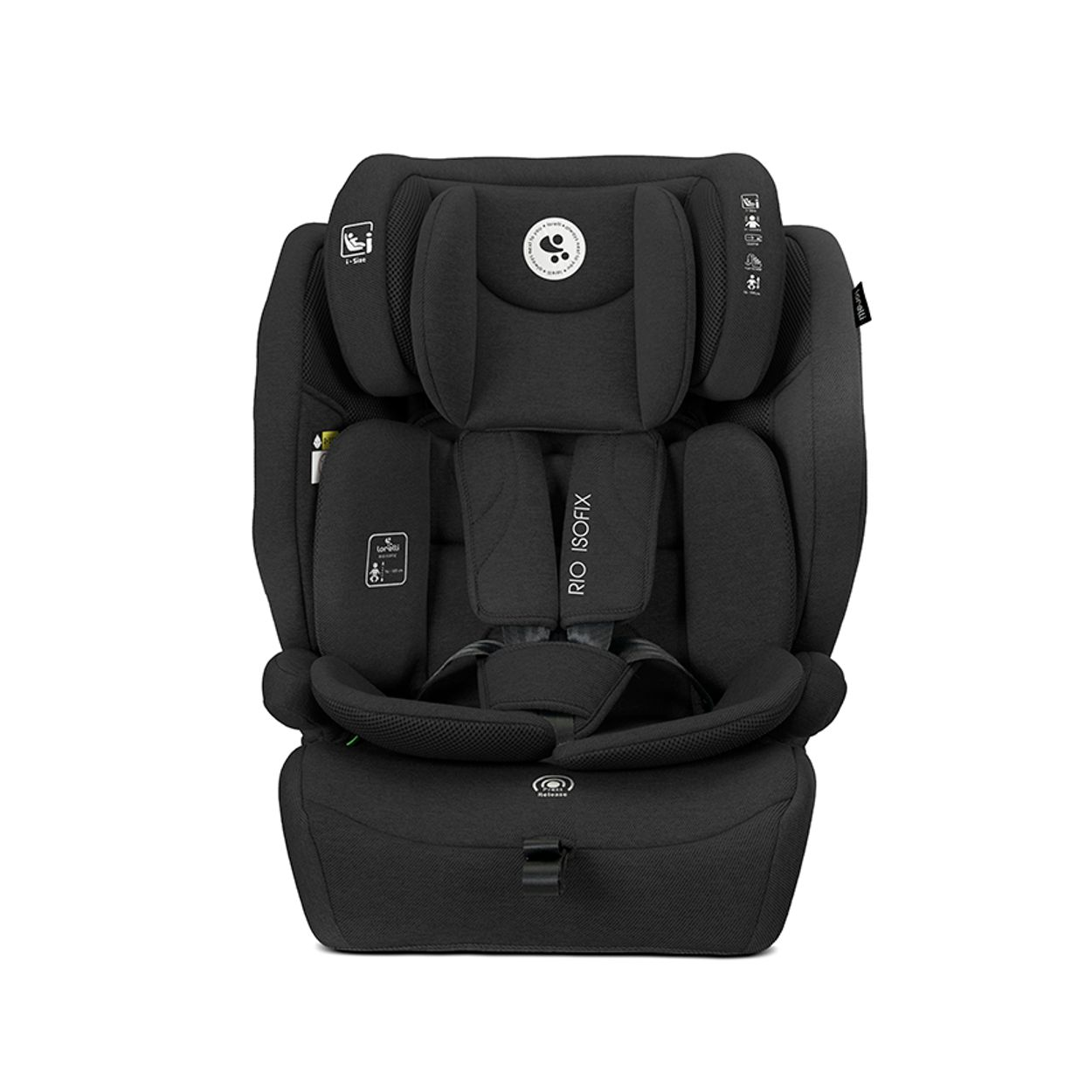 Schwarzer Kindersitz mit RIO ISOFIX-Aufschrift und Sicherheitsgurten.