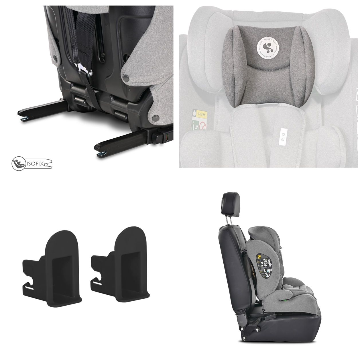 Grauer Kindersitz mit Isofix-Halterungen und einem schwarzen Autositz mit Kopfstütze.
