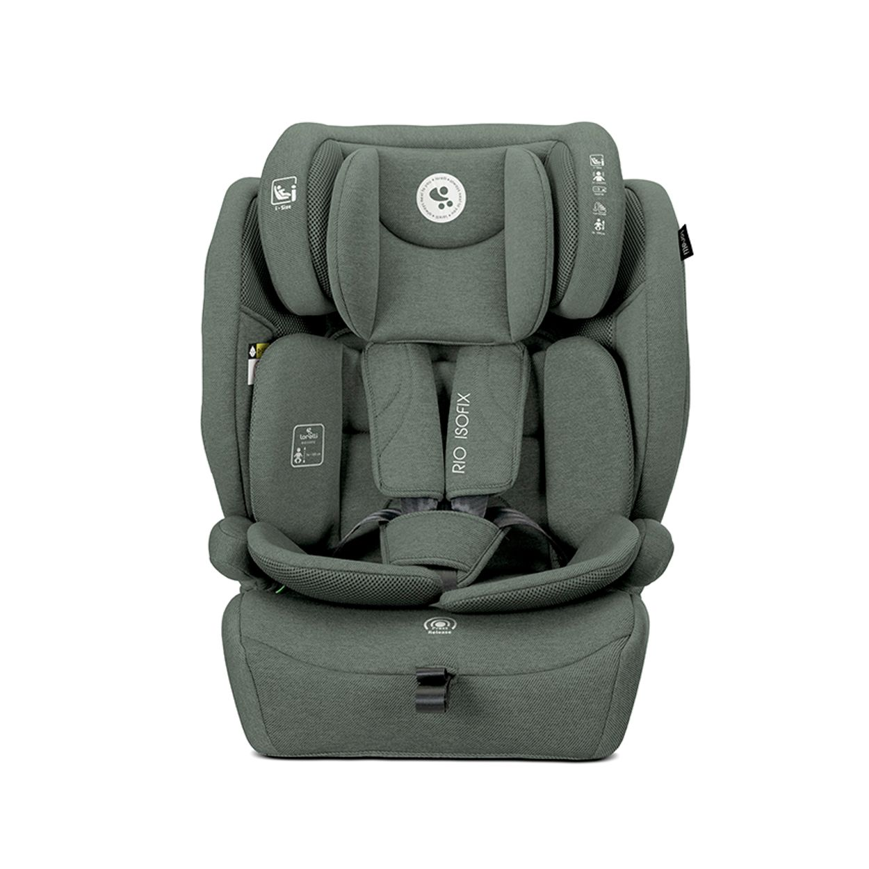 Grauer Kindersitz mit Kopfstütze, Gurten und ISOFIX-Beschriftung.