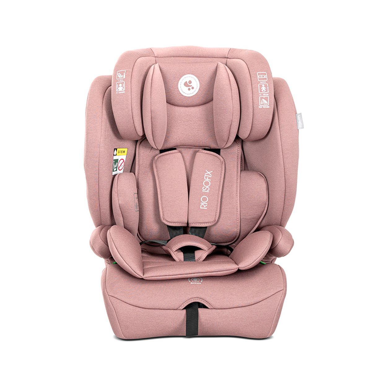 Ein rosafarbener Kindersitz mit Kopfstütze und Gurten.