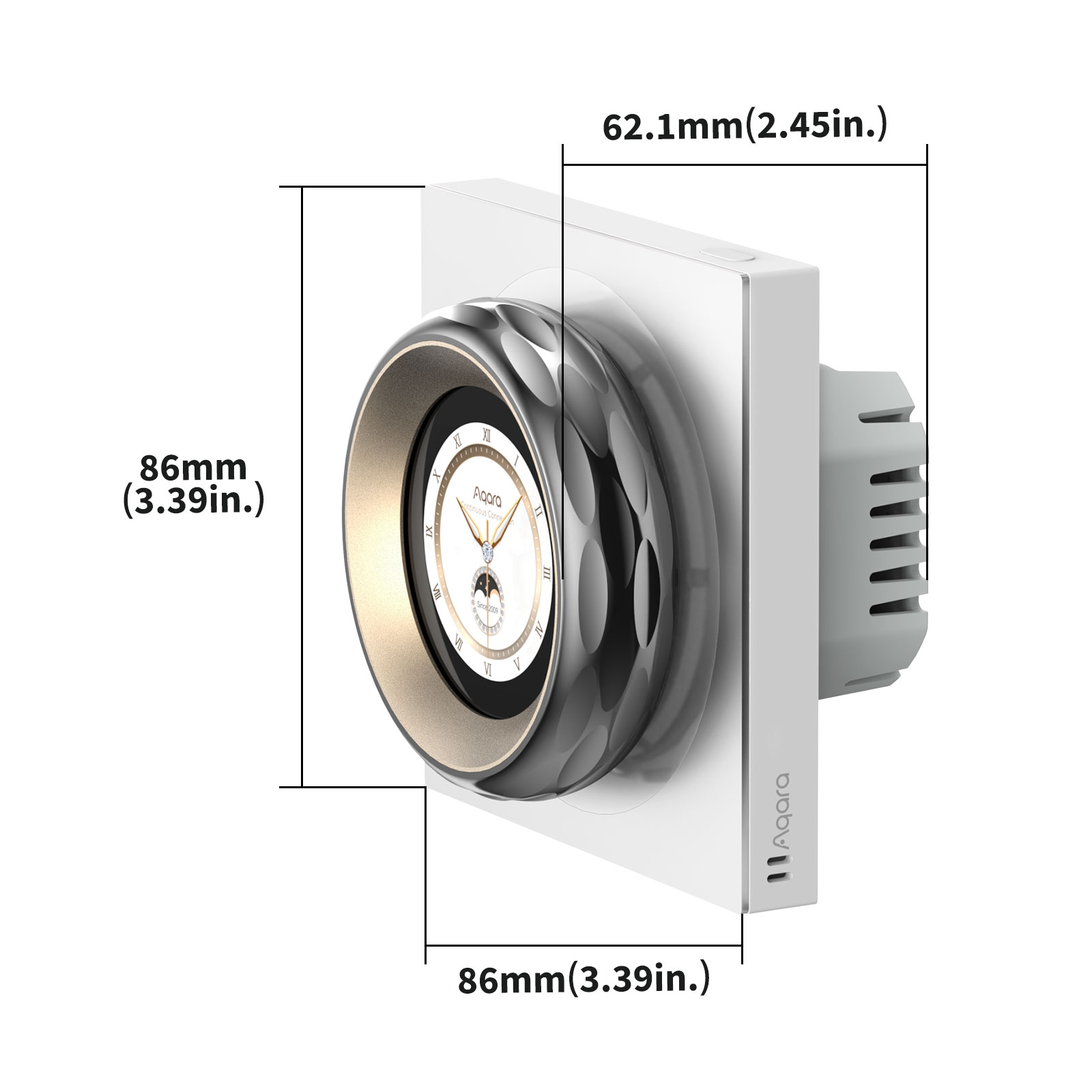 Biały inteligentny włącznik światła z okrągłym wyświetlaczem i złotym pierścieniem.