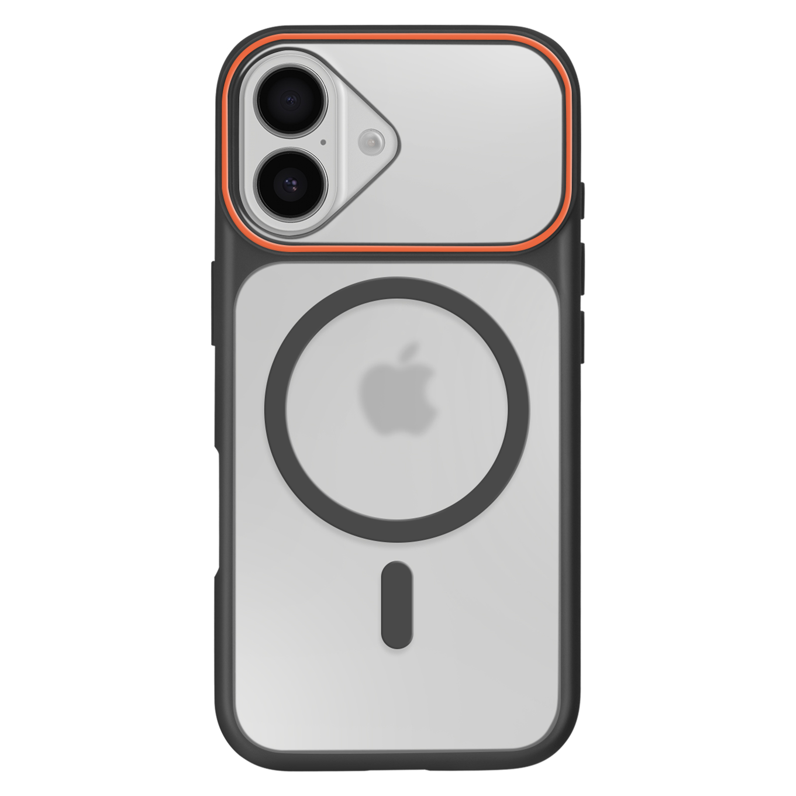 Une coque iPhone transparente avec bordure noire et accent orange autour des caméras.