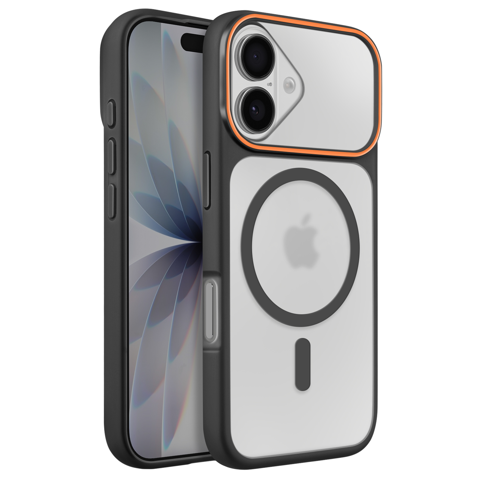 Une coque noire pour iPhone avec bordure orange protège un iPhone à double appareil photo.