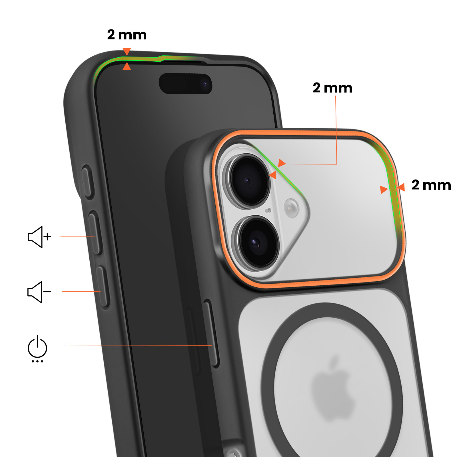 Un iPhone noir avec un étui de protection transparent aux accents orange.