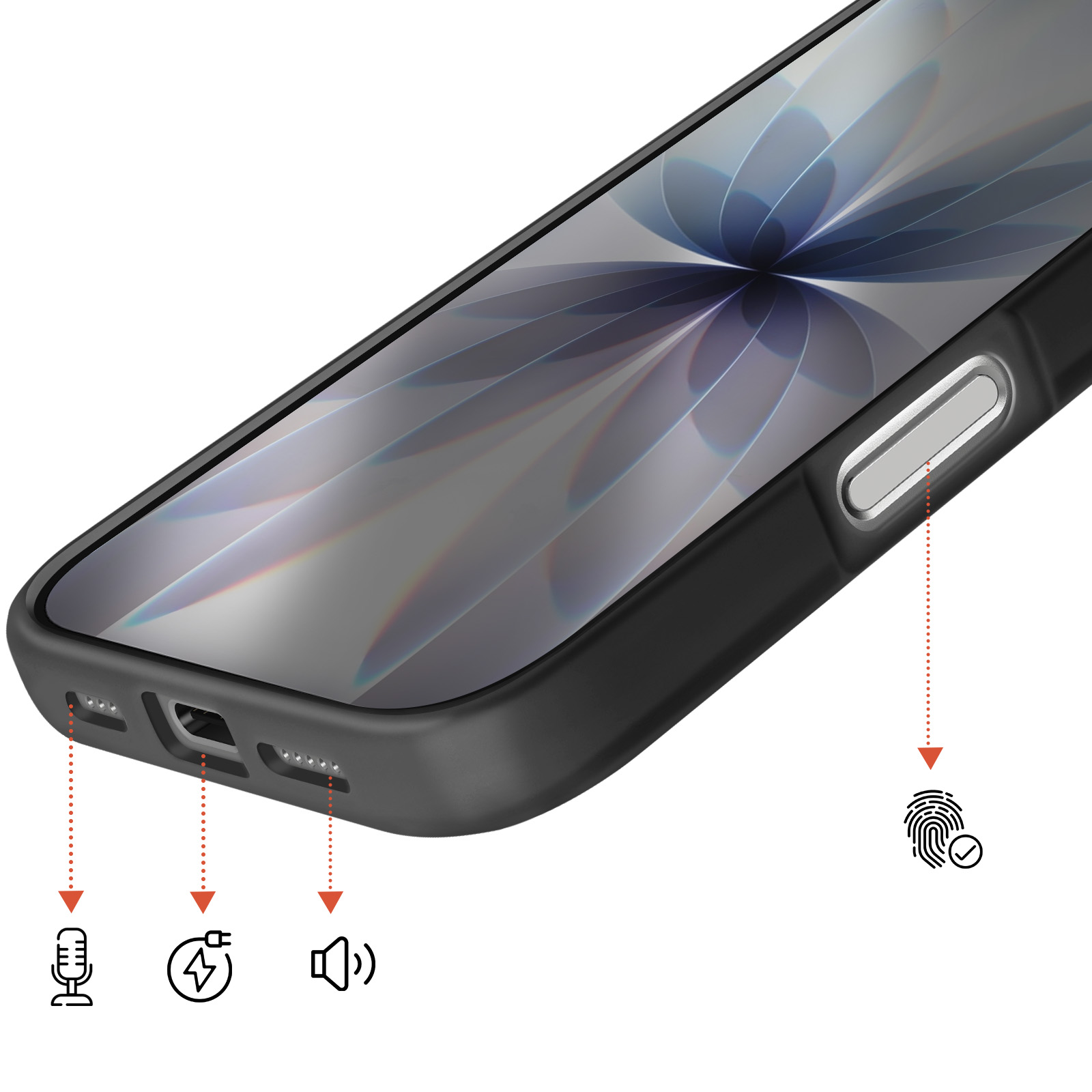 Gros plan d'une coque de téléphone noire indiquant le microphone, le port de charge, le haut-parleur et le capteur d'empreintes.