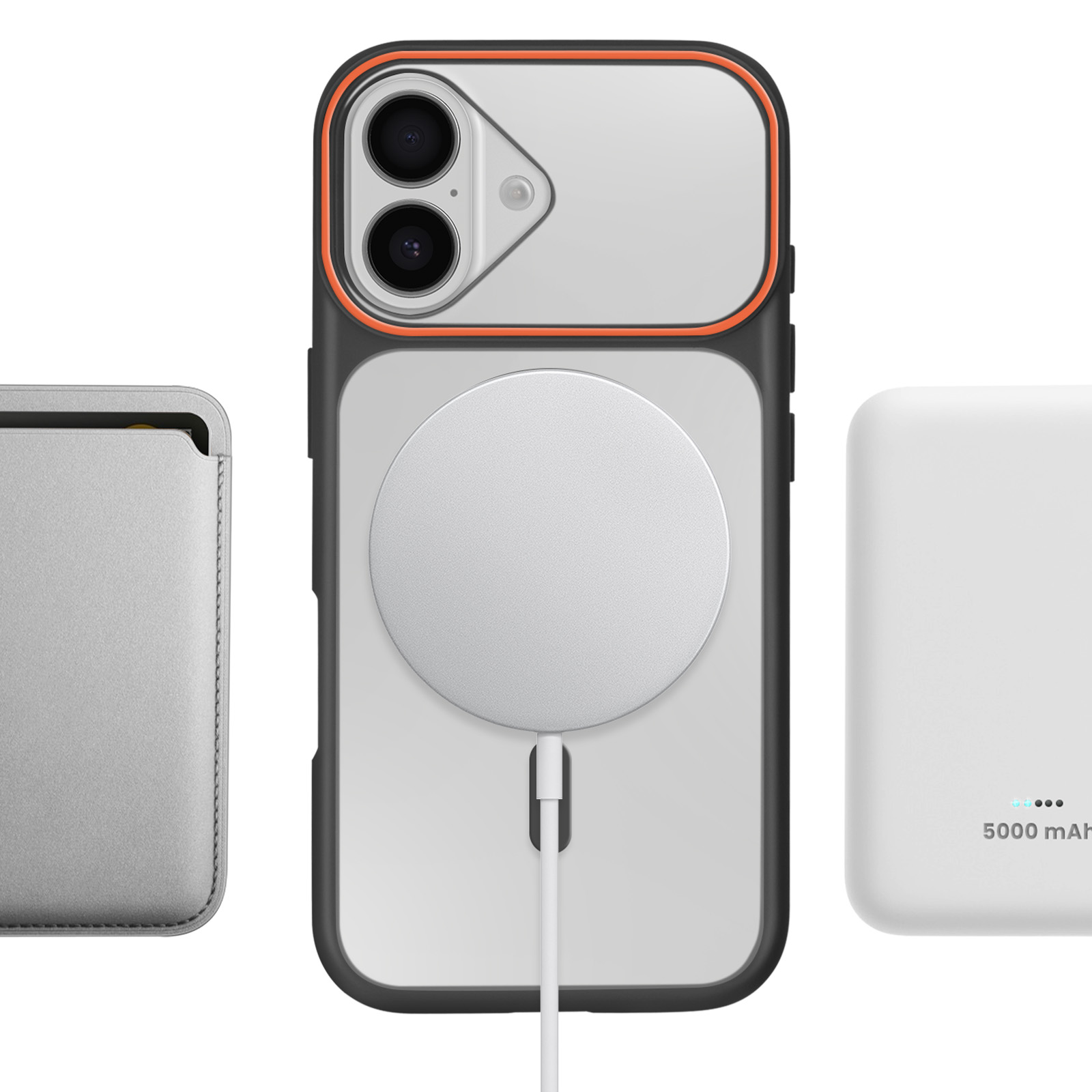 Un iPhone avec coque, câble de chargement, chargeur et batterie externe blancs.